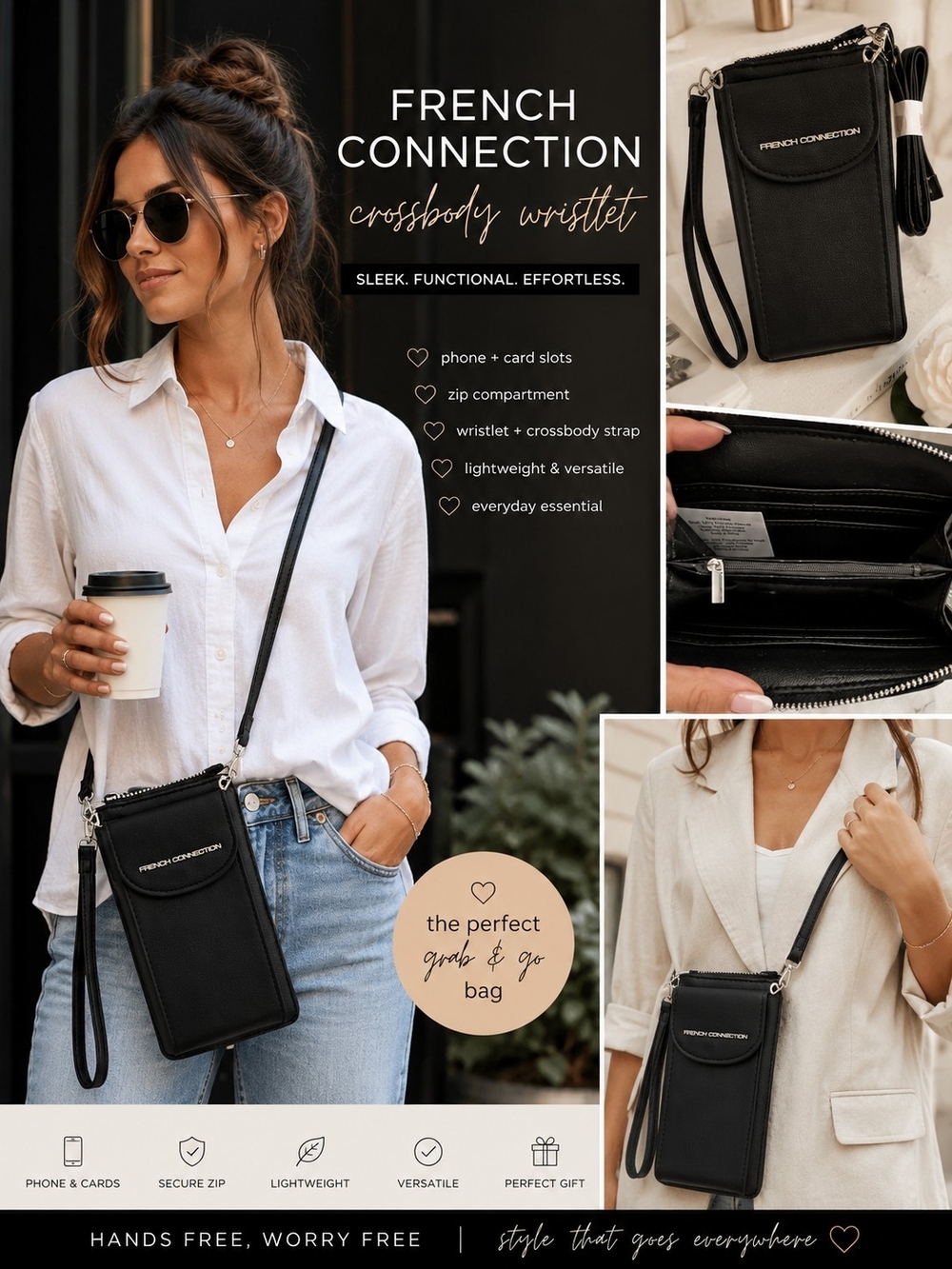 🖤 NWT French Connection Athena Phone Crossbody Wristlet | Minimalist Black Bag